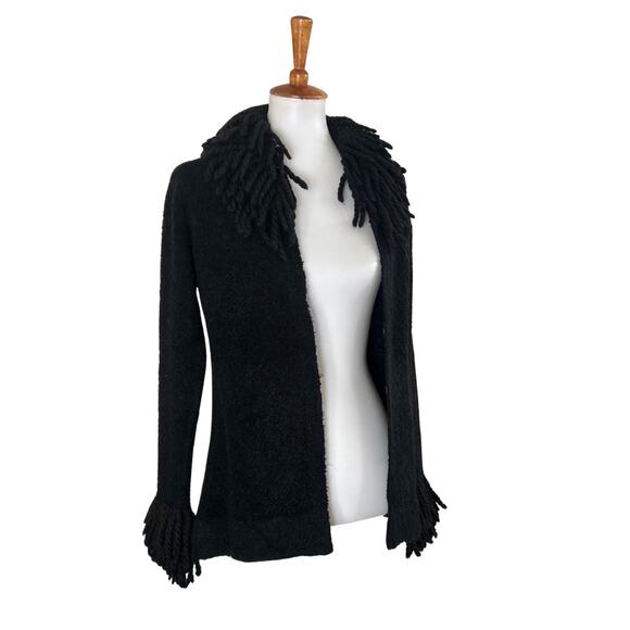 Vintage 70s/80s Black Bouclé Fringe Cardigan Sweater – Dramatic Collar & Cuffs - Picture 7 of 7